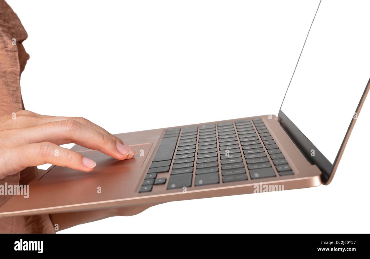 Business woman working on laptop isolated on white background Stock ...