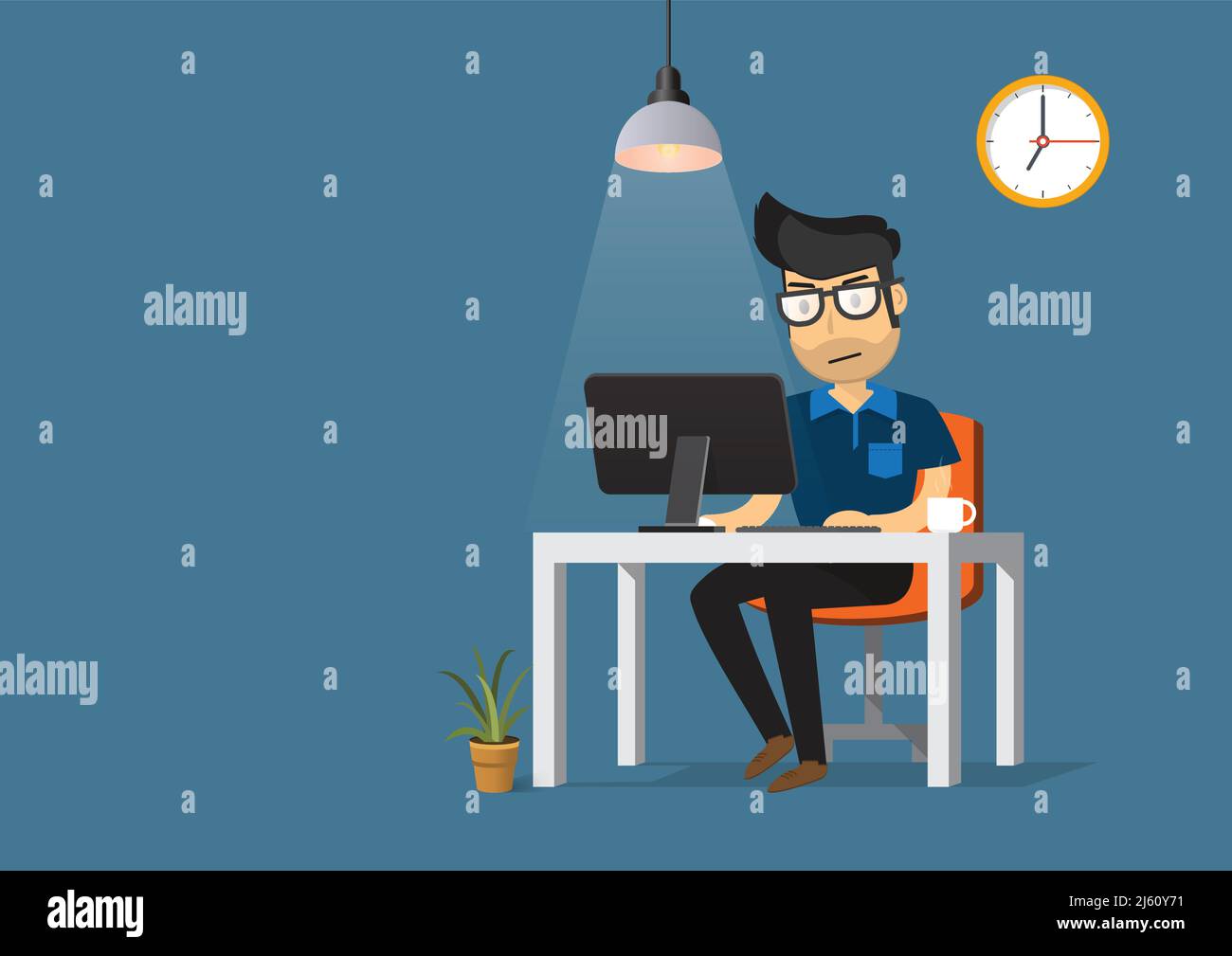 Man working on desktop computer and coffee cup. Stock Vector