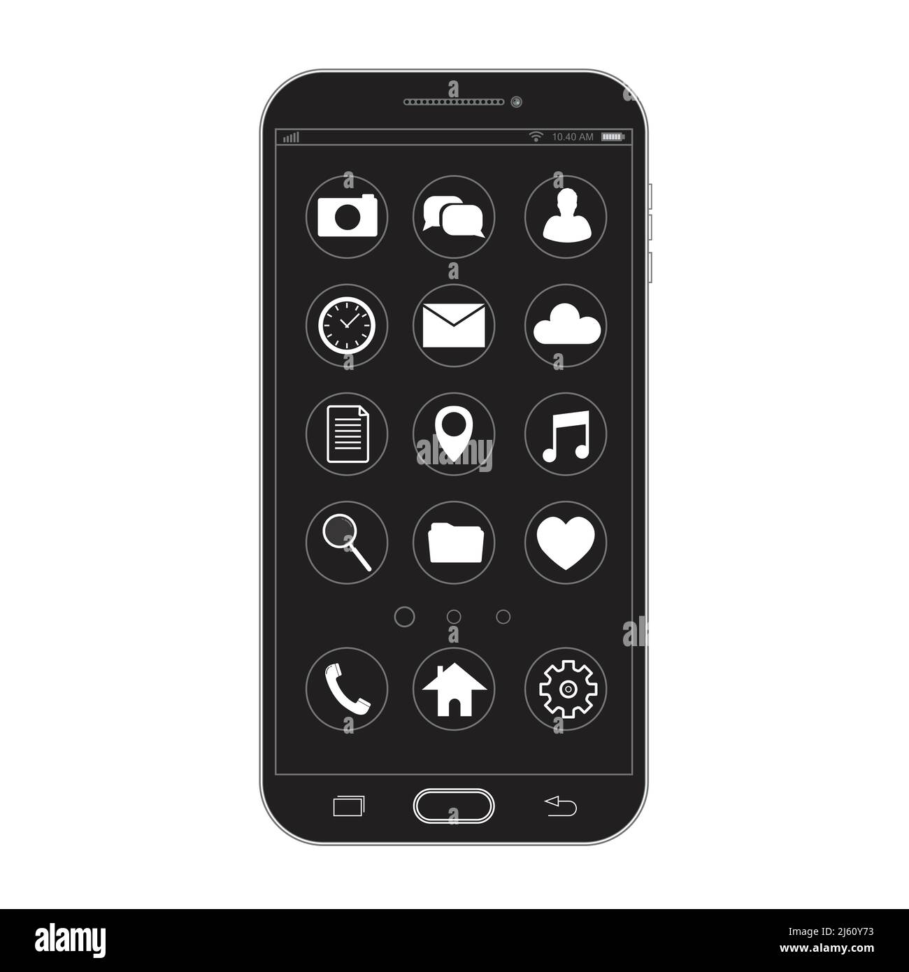 Outline drawing black smartphone. Elegant thin line style design. Vector smartphone with UI icons. Stock Vector