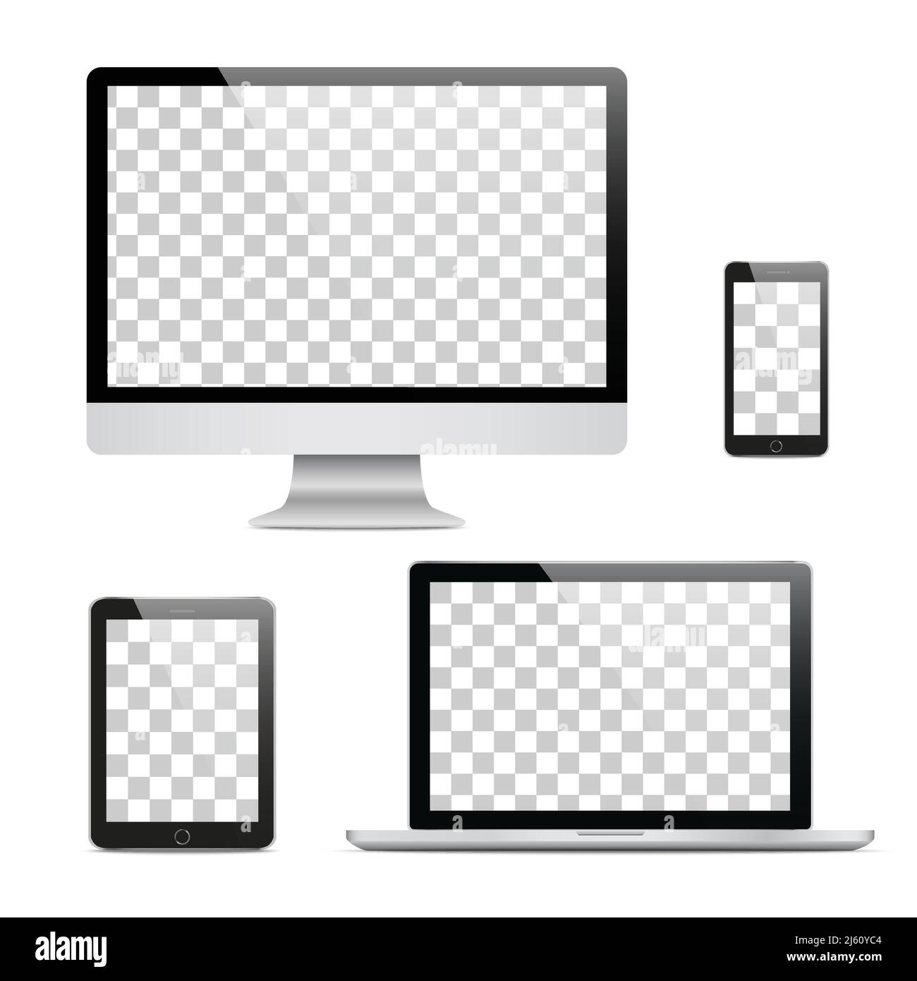 Set of realistic computer monitor, laptop, tablet and mobile phone with isolated on transparent screen. Various modern electronic gadget on isolate ba Stock Vector