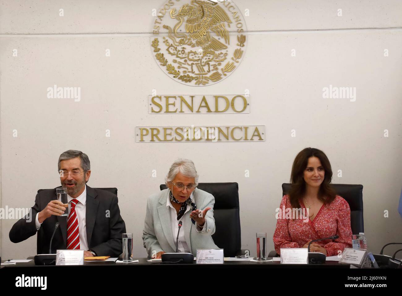 Mexico City, Mexico City, Mexico. 26th Apr, 2022. Mexico's Ambassador to the UN, Juan RamÃ³n de la Fuente, President of the Senate, Olga SÃ¡nchez Cordero and the President of the Commission of International Organizations, Nancy de la Sierra during a meeting with the United Commissions of Foreign Affairs and International Organizations in the Senate to discussed the world crisis and the war between Russia and Ukraine. On Apr 26, 2022 In Mexico City, Mexico. (Credit Image: © Luis Barron/eyepix via ZUMA Press Wire) Stock Photo