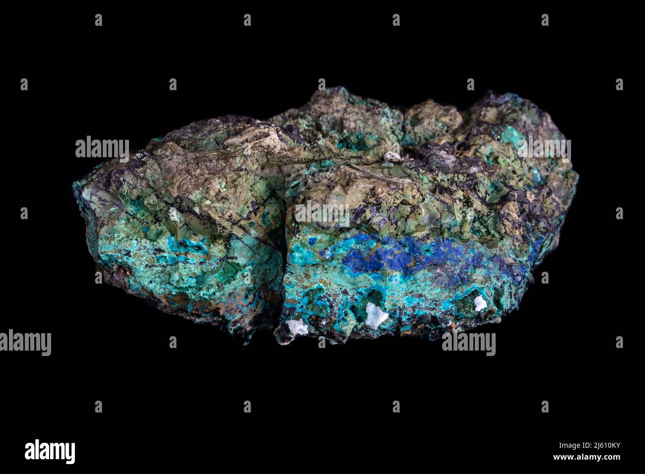 Copper ore from the Mojave Desert, California. Turquoise, blue and green minerals visible in cross section. Sample weight 780 grams (1 lb 11 oz.) Stock Photo