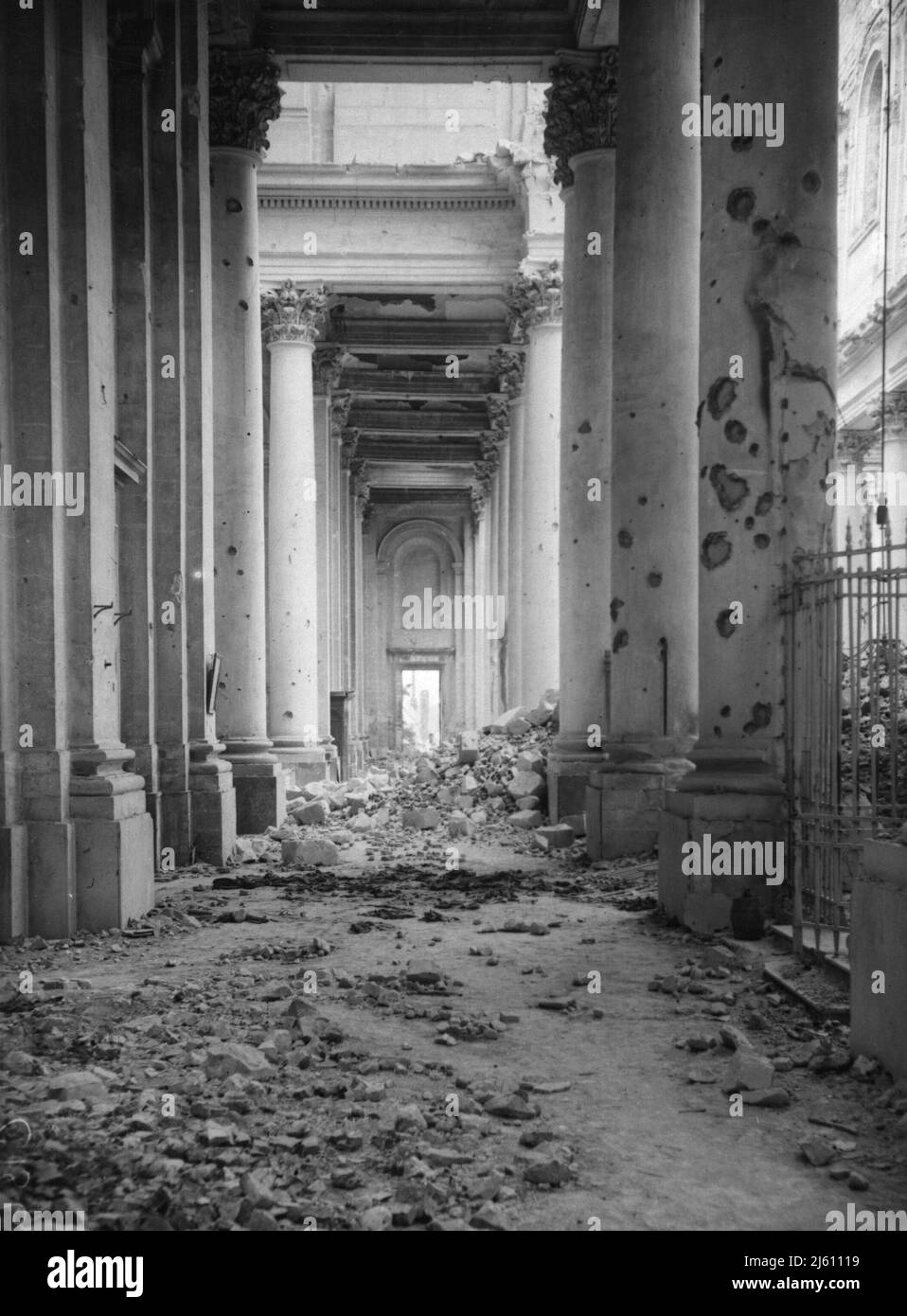Destruction at Arras Cathedral, France. The photograph is taken looking down the central aisle of the church. Stock Photo