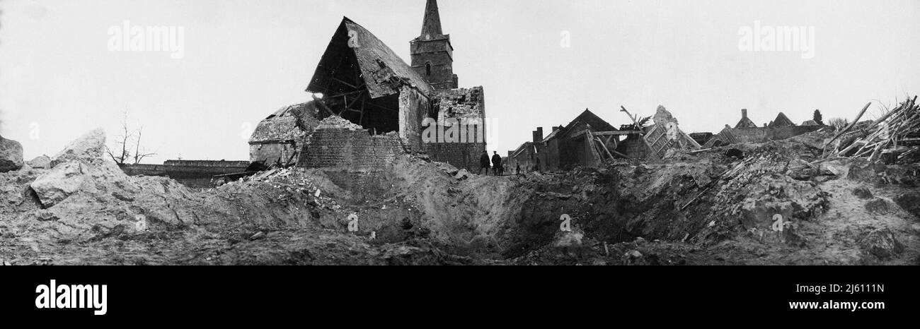 Mine blown by the Germans to impede the British advance. This mine also destroyed the Church. Stock Photo