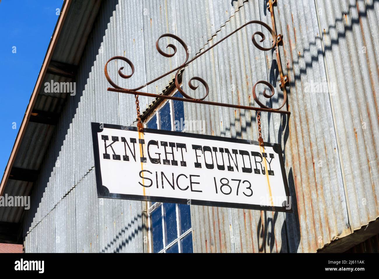 Knight Foundry sign at cast iron foundry and machine shop museum - Sutter Creek, California, USA - 2022 Stock Photo