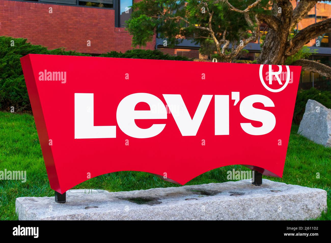 Levis red logo at headquarters of Levi Strauss and Co located at Levi Strauss Plaza. Levi Strauss Co. is an American clothing company - San Francisco, Stock Photo