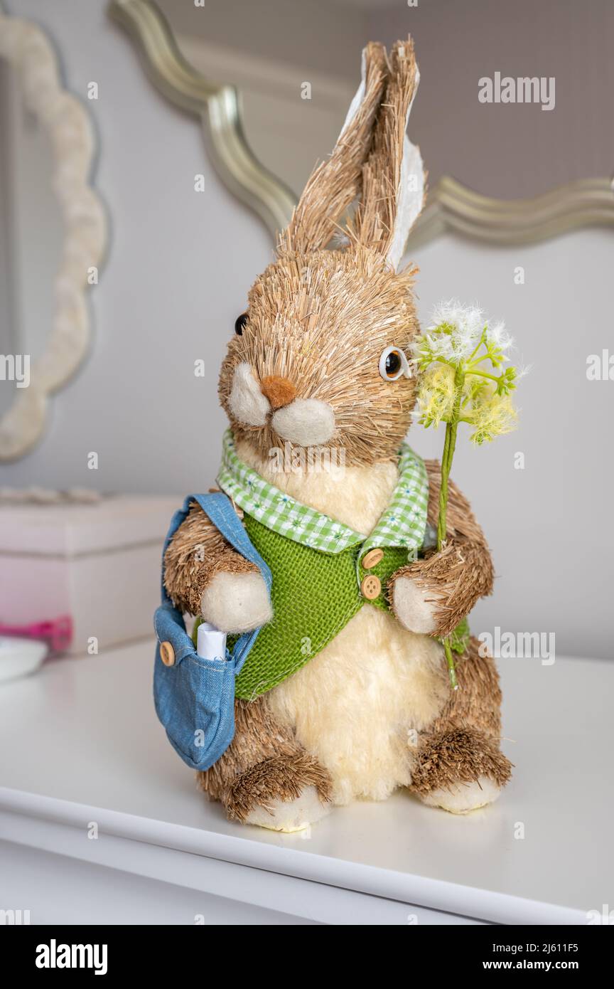 Calgary, Alberta - April 24, 2022:  An easter bunny decoration with white background. Stock Photo