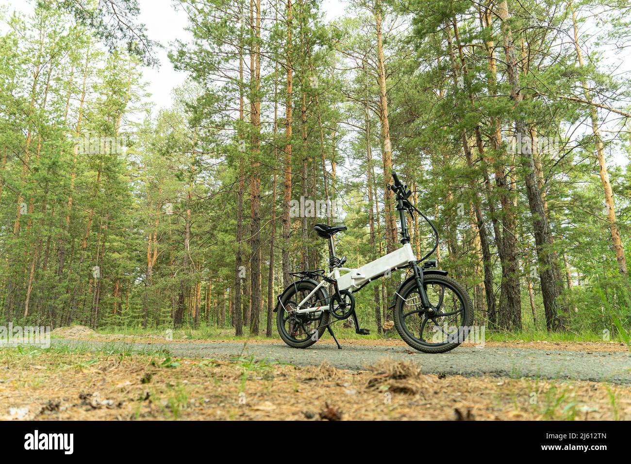 electric bike on an asphalt track in the forest without people. The concept of healthy walking and riding outdoors in the park. Bicycle on the backgro Stock Photo