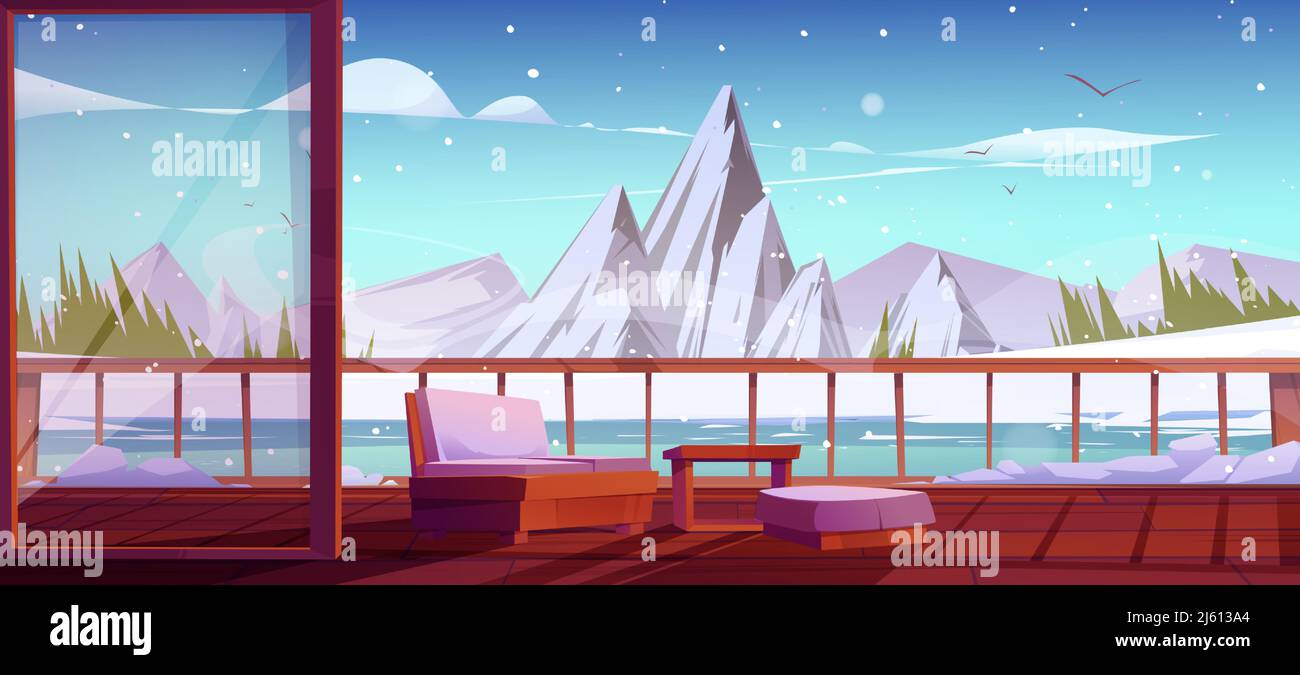 Wooden terrace with winter mountain and frozen lake view. Home, villa or hotel area with sofa and ottoman stand on patio with scenery rocky nature landscape background, Cartoon vector illustration Stock Vector