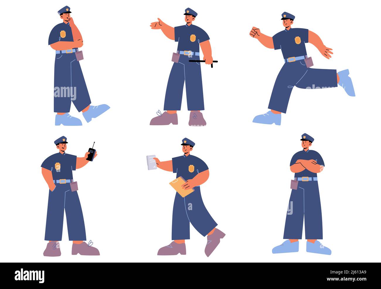 Policeman character in different poses. Police officer or guard in blue uniform with cap and badge. Vector flat illustration of man cop with walkie talkie, baton and traffic ticket Stock Vector