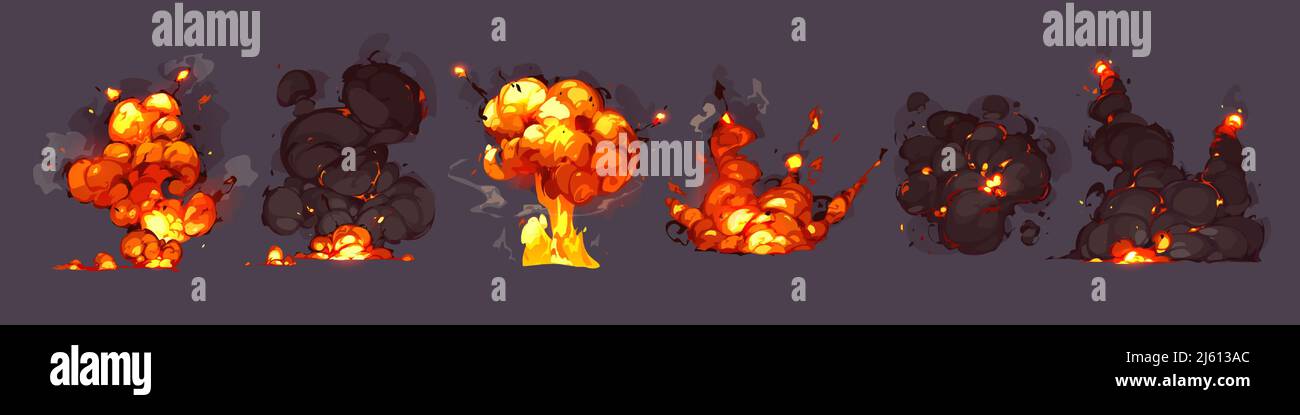 Bomb explosions, blasts with fire and black smoke clouds. Vector cartoon set of burst with flame and flash from dynamite, nuclear weapon or rocket hit isolated on background Stock Vector