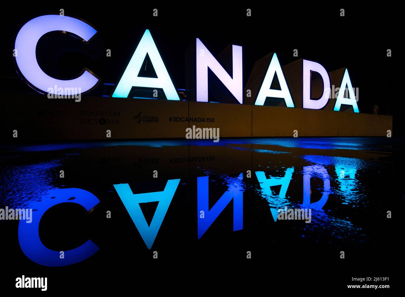 Illuminated Canada sign at night in Victoria, Vancouver Island, British Columbia, Canada Stock