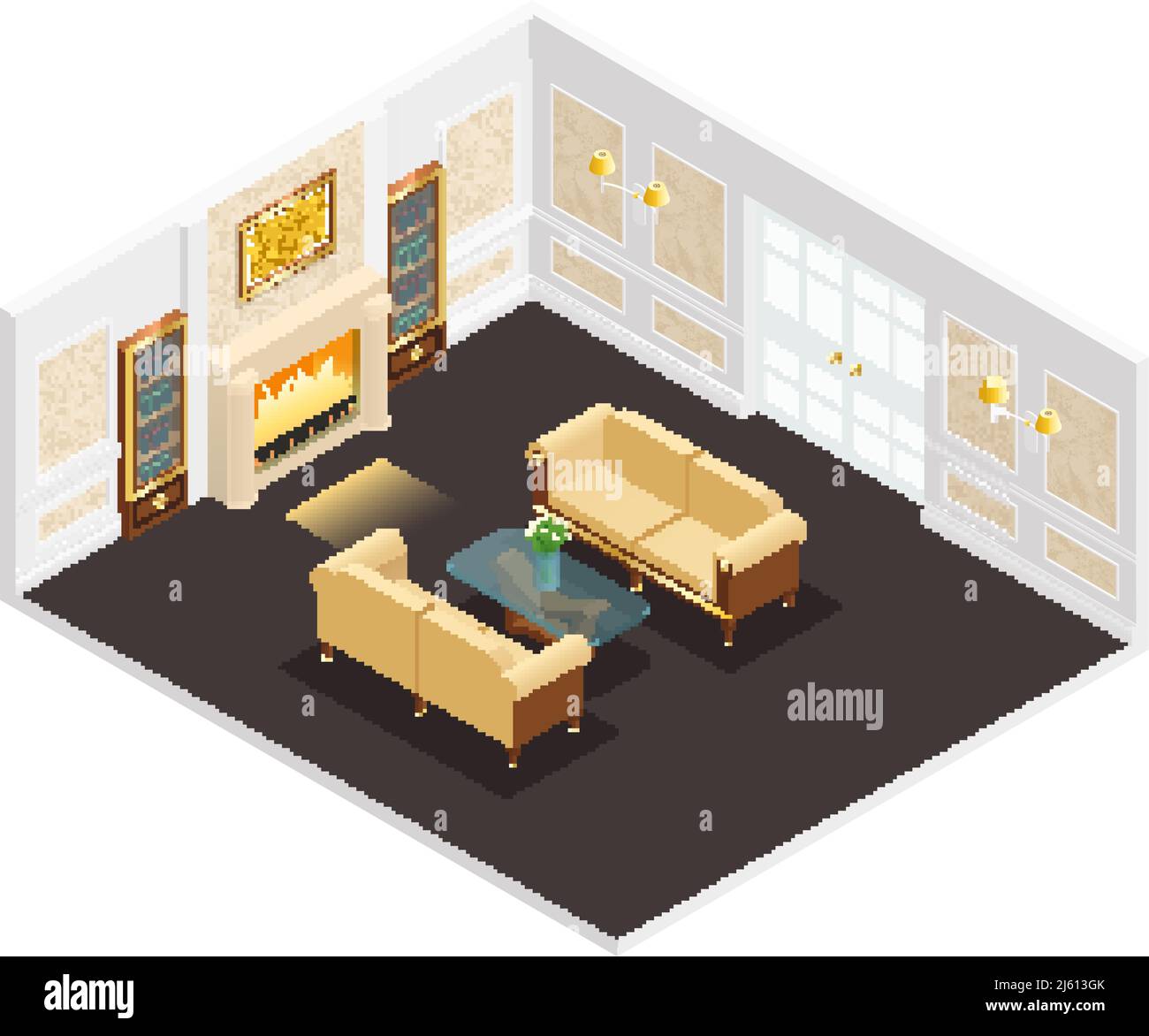 Isometric luxury interior for living room with fireplace sofas table ...
