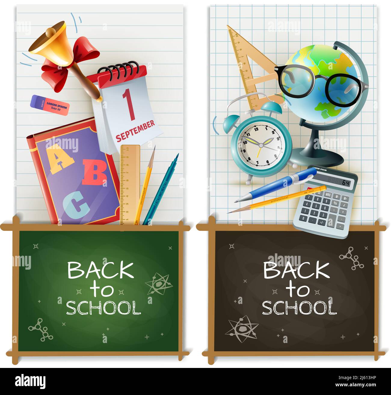 Back to school 2 vertical realistic banners set with chalkboards alarm ...