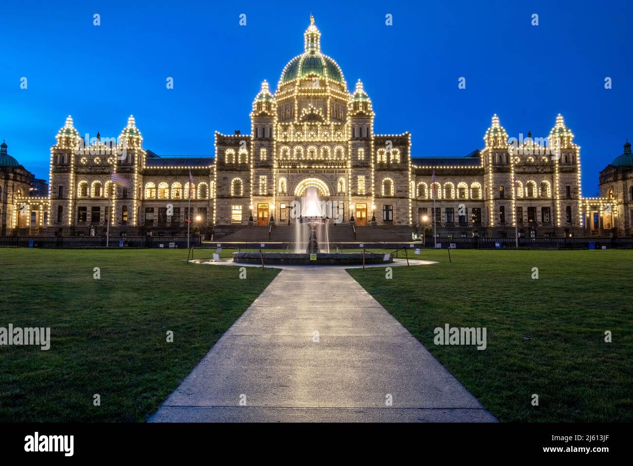 British Columbia Parliament Buildings at night in Victoria, Vancouver Island, British Columbia, Canada Stock Photo