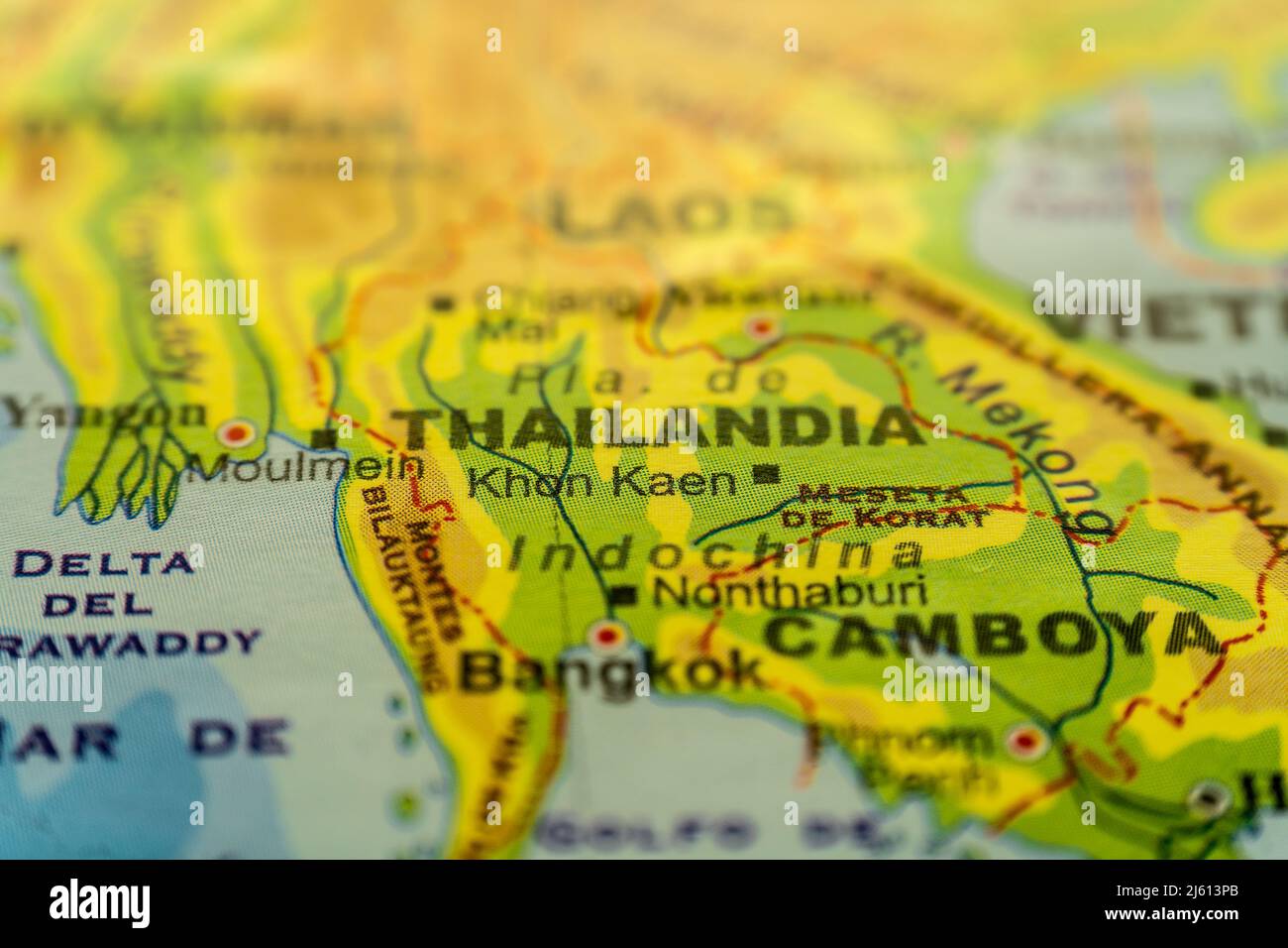 close-up of orographic map of the Cambodian Peninsula or Indomalayan Peninsula with references in spanish. Concept cartography, travel, geography. dif Stock Photo