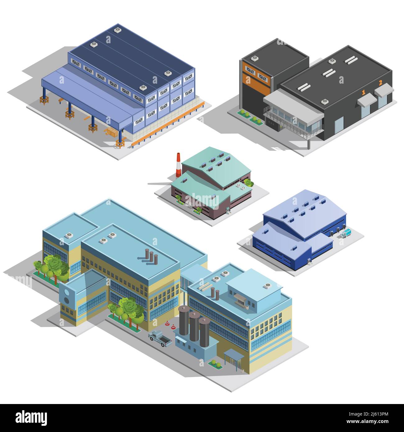 Isometric images set of different types of warehouse factory manufacture office buildings isolated vector illustration Stock Vector