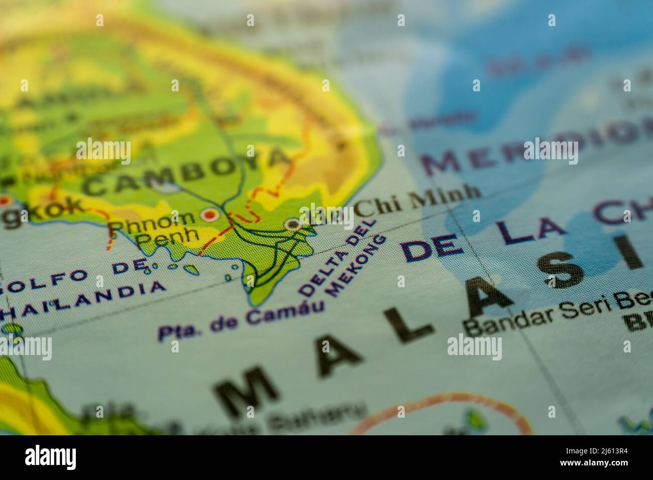 close-up of orographic map of the Cambodian Peninsula or Indomalayan Peninsula with references in spanish. Concept cartography, travel, geography. dif Stock Photo