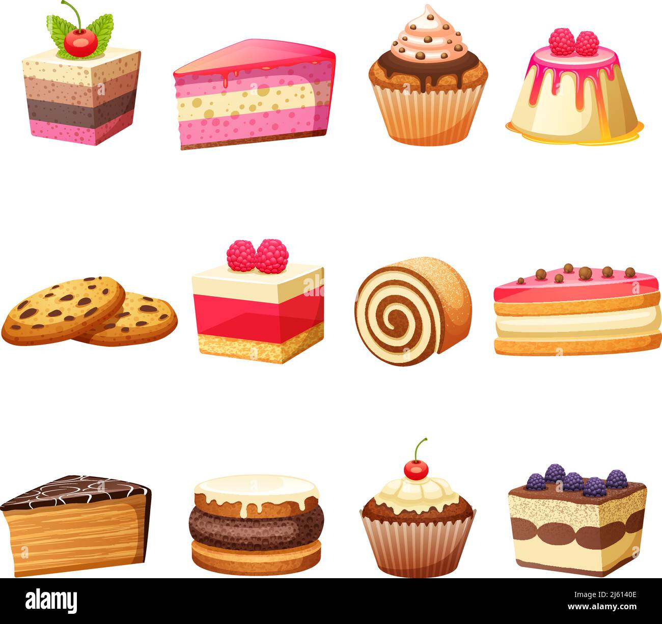 Cakes pastry and sweet desserts set isolated vector illustration Stock