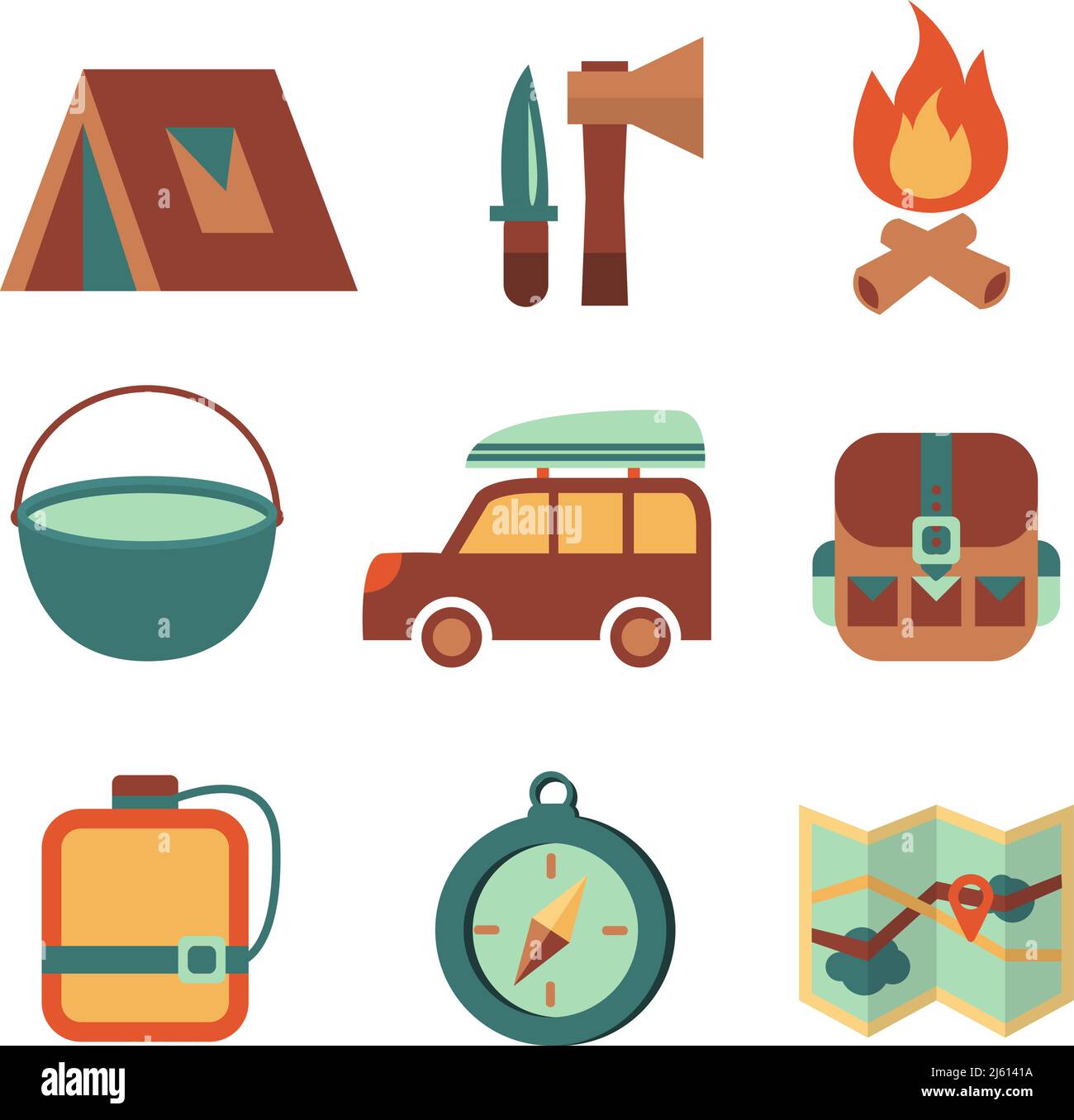Outdoors tourism camping flat icons set of campfire tent backpack tools ...