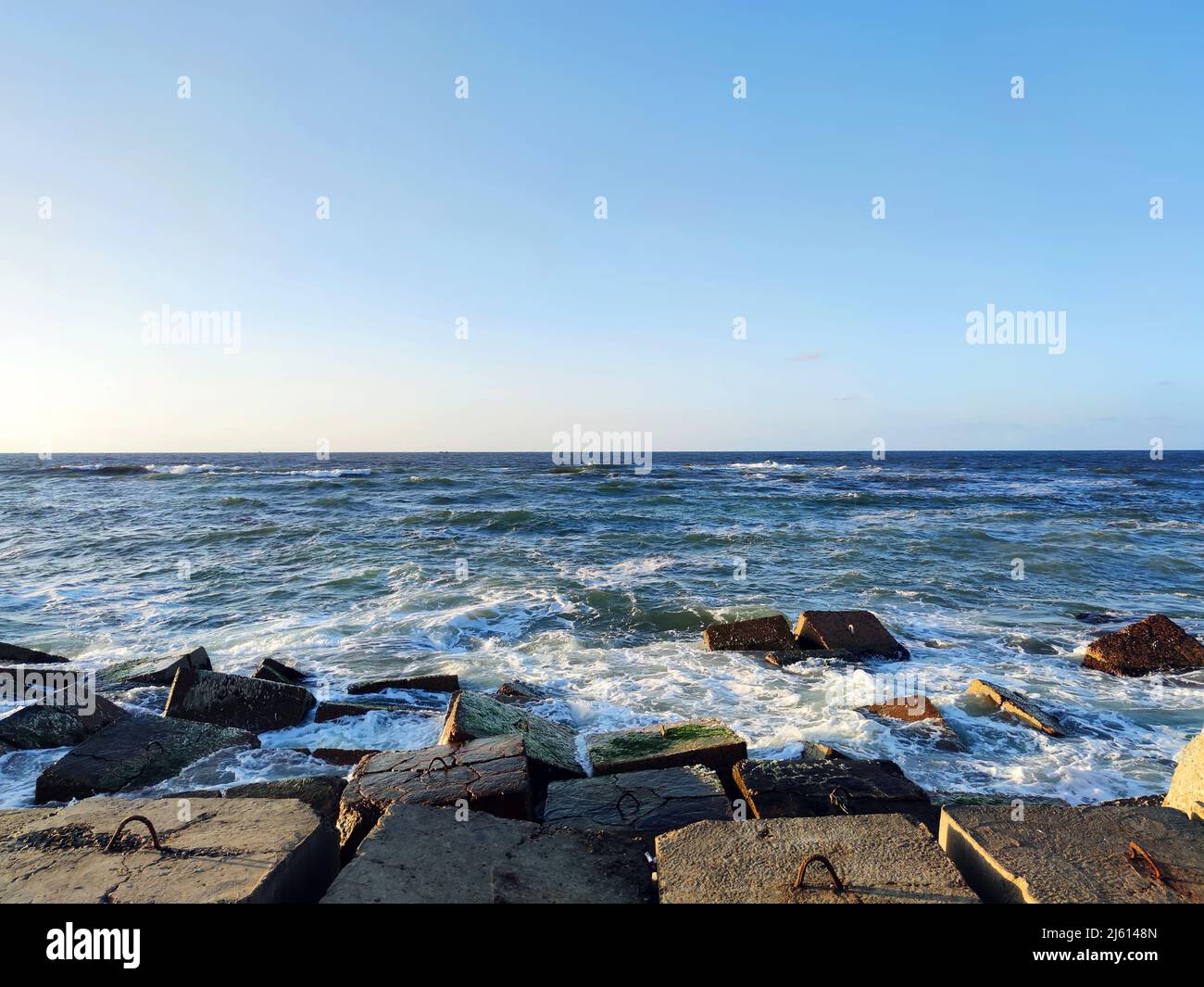 Panorama of Mediterranean Sea landscapes seen from african city Alexandria with clear blue sky in warm sunny spring day Stock Photo