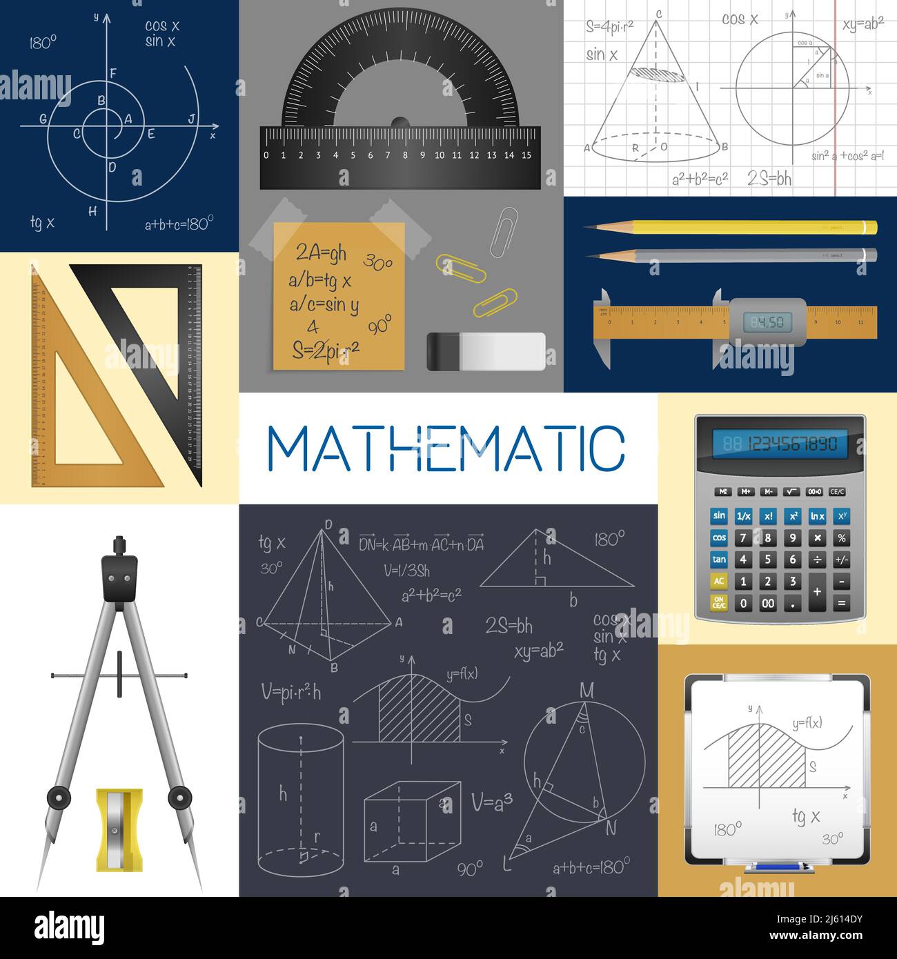Mathematics science concept with rulers copybook compass pencils