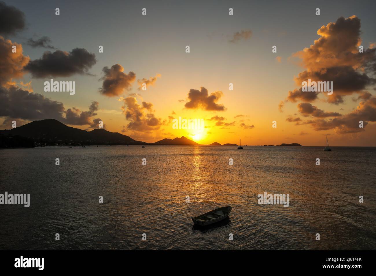 Sunset over Hillsborough Bay, Carriacou Island, Grenada. Hillsborough is the largest town on the island. Stock Photo