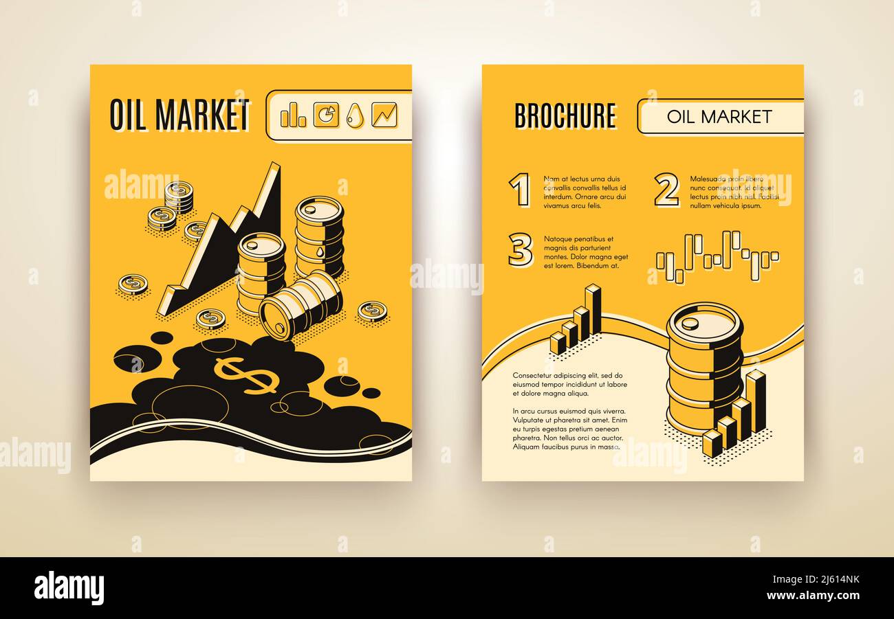 Oil trading, petroleum production company, energy exchange isometric vector promo brochure