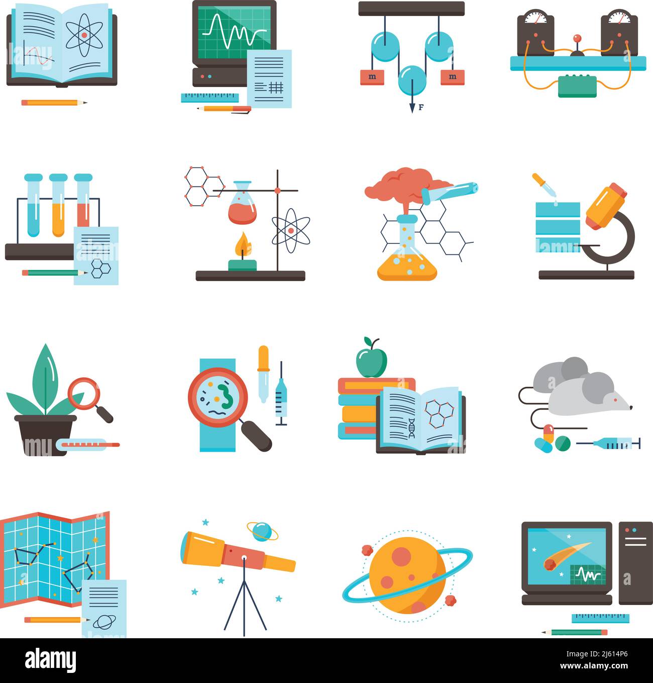 Science equipment icon set for chemistry biology astronomy medicine