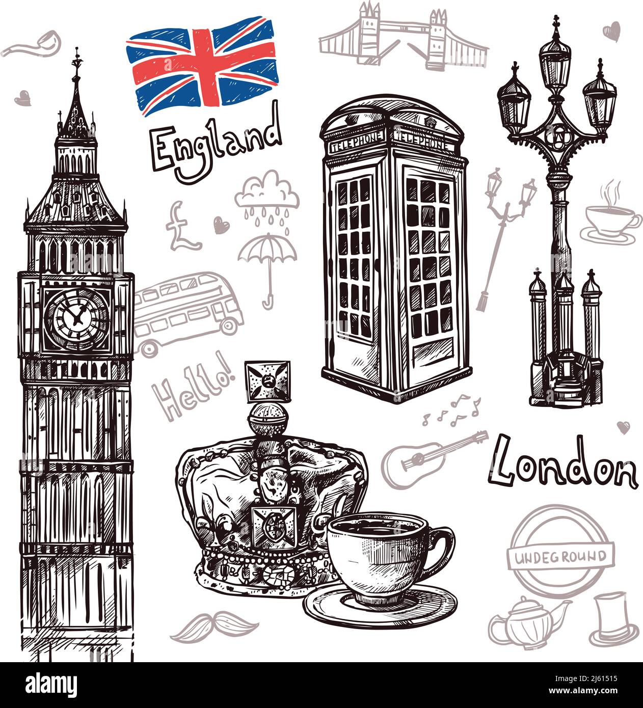 London sketch set with tea cup queen crown telephone booth isolated vector illustration Stock Vector