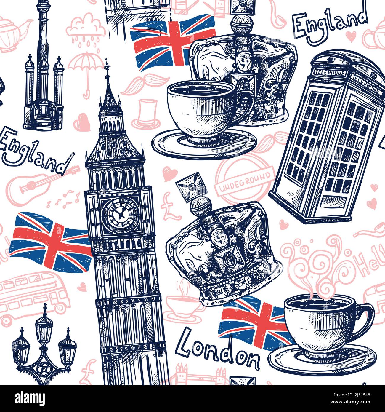 London seamless pattern with sketch telephone booth big ben crown vector illustration Stock Vector