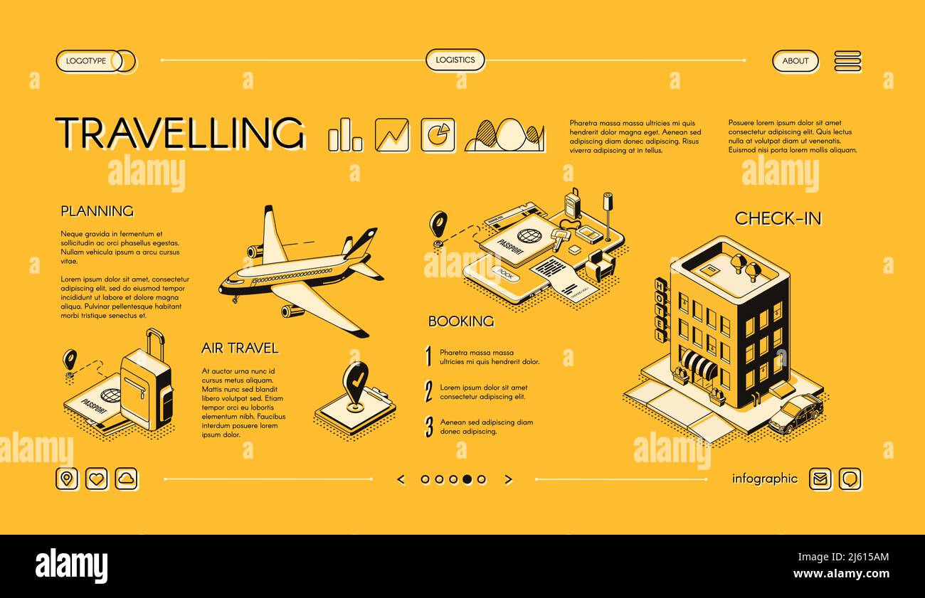 Traveling company isometric vector web banner, horizontal, slide