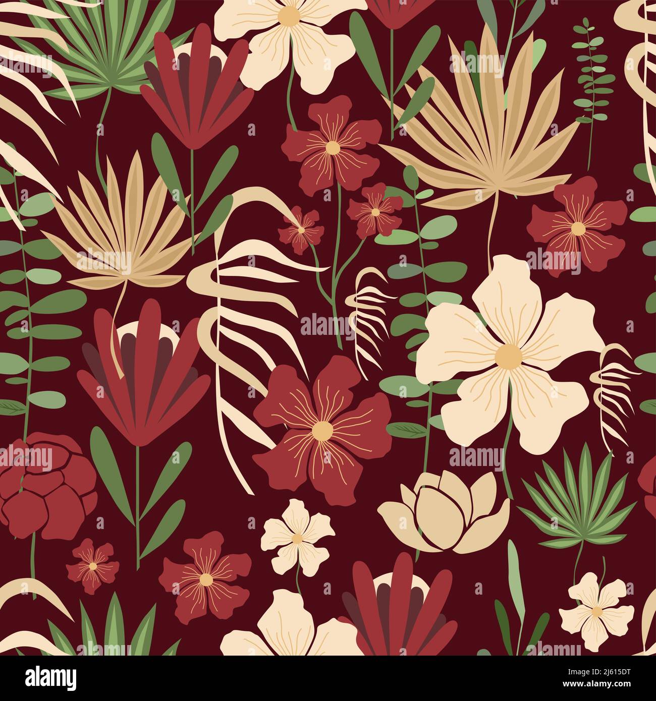 Vector seamless pattern, red and white flowers on a dark background ...