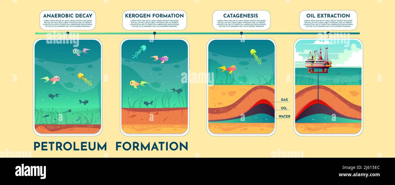 Petroleum formation cartoon vector infographics with process phases on time line. Fossil fuel formation because of organic sediments on ocean bed, oil Stock Vector