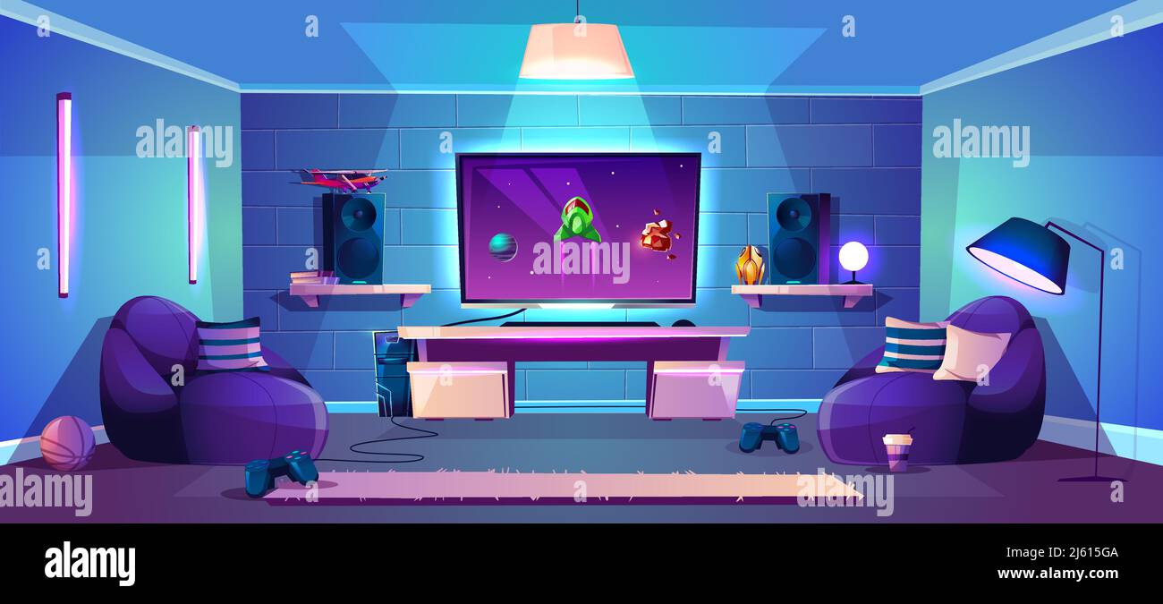 Vector game room illustration, modern esports concept. Night stream