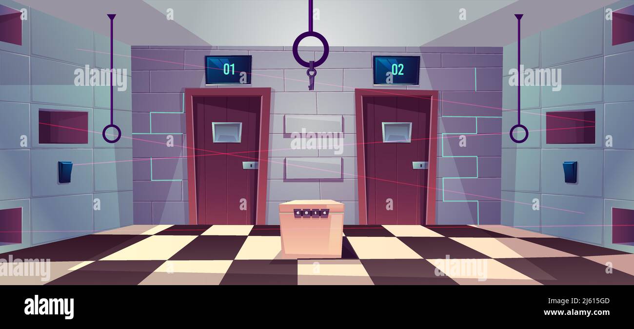 Quest Riddle Background Vector cartoon background of quest room with closed doors, riddles and ...
