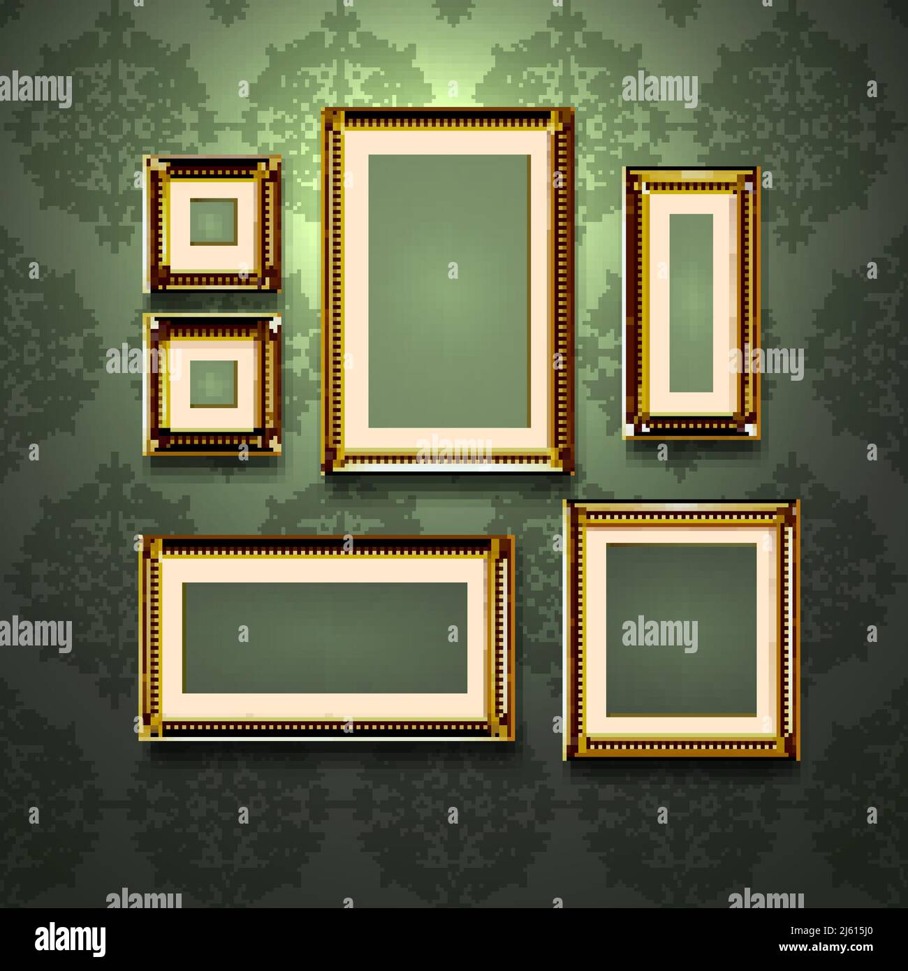 Realistic golden frames on retro style ornament wallpaper wall vector illustration Stock Vector