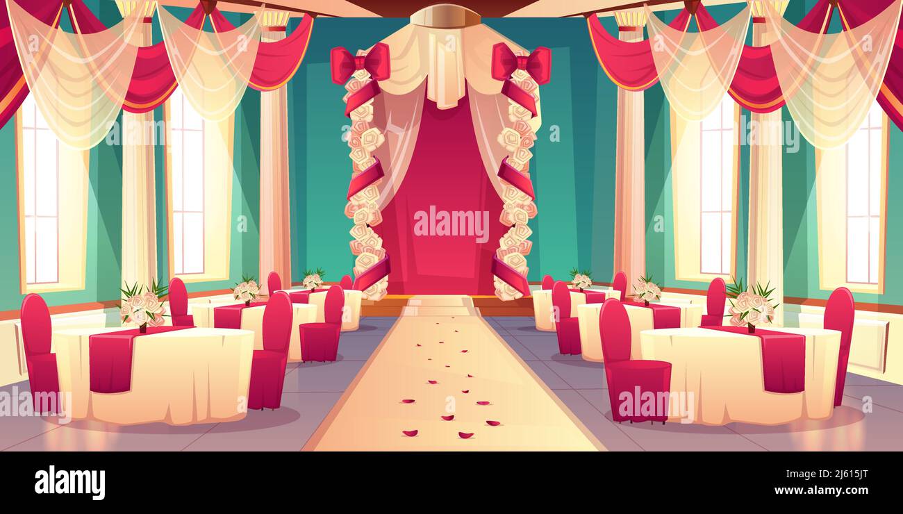 Banquet hall, ballroom in castle ready for wedding ceremony cartoon vector interior Decorated flowers and satin fabric wedding arch, rose petals on ca Stock Vector