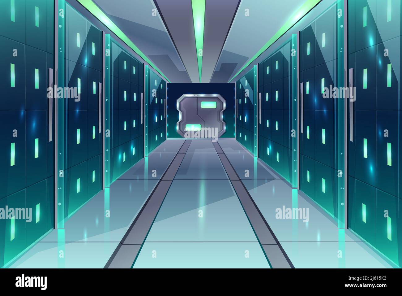 Vector cartoon corridor in a spaceship, datacenter with server racks. The illuminated passage in a shuttle, bright control room with database. Compute Stock Vector
