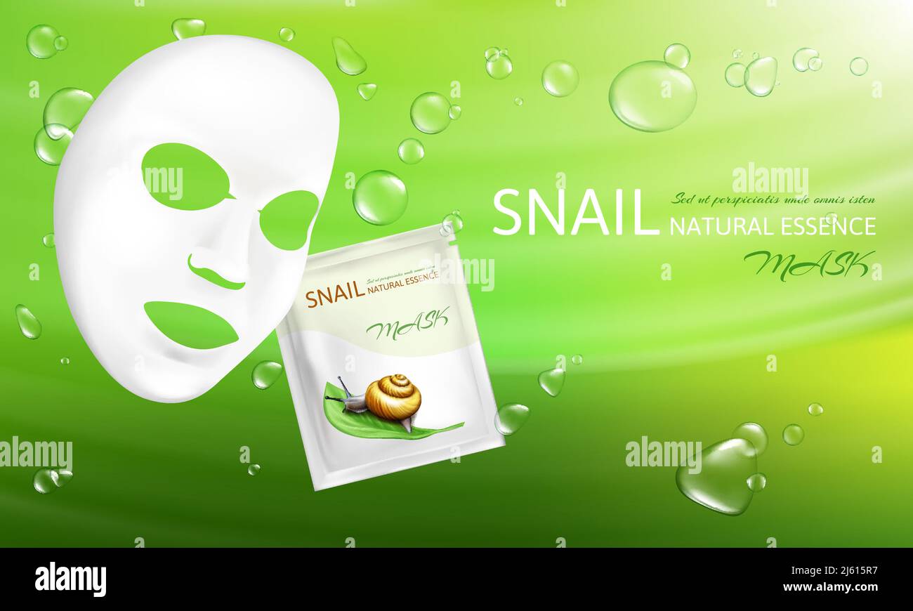 Vector 3d realistic white sheet facial cosmetic mask with snail mucus