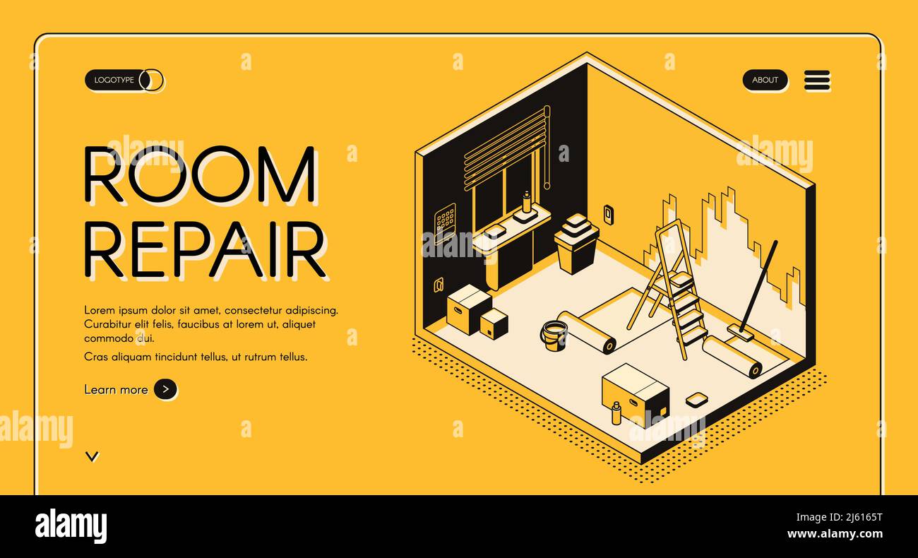 Apartment room repair and decoration service isometric vector web banner. Dwelling walls