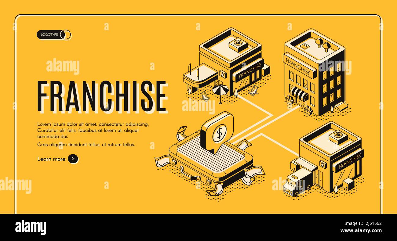 Business franchise isometric vector web banner, landing page. Small enterprise, company, shop or service started with licensed as intellectual propert Stock Vector