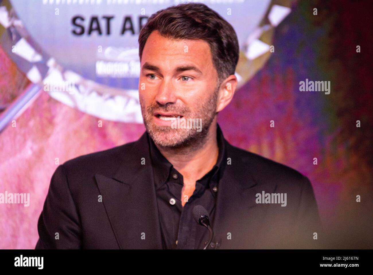 NEW YORK, NY - APRIL 26: JEddie Hearn speaks on stage before Katie Taylor and Amanda Serrano fLight up the Empire State Building ahead of their Undisputed Title Fight on Saturday night (April 30) at Madison Square Garden on April 26, 2022 in New York, NY, United States. (Photo by Matt Davies/PxImages) Credit: Px Images/Alamy Live News Stock Photo