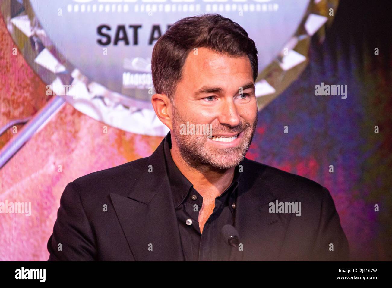 NEW YORK, NY - APRIL 26: Eddie Hearn speaks on stage before Katie Taylor and Amanda Serrano Light up the Empire State Building ahead of their Undisputed Title Fight on Saturday night (April 30) at Madison Square Garden on April 26, 2022 in New York, NY, United States. (Photo by Matt Davies/PxImages) Credit: Px Images/Alamy Live News Stock Photo