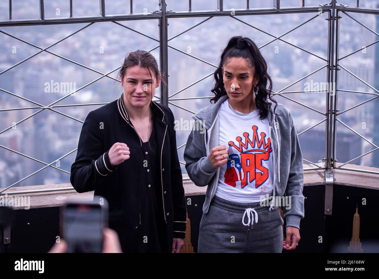 NEW YORK, NY - APRIL 26: (L-R) Katie Taylor and Amanda Serrano face off ahead of their Undisputed Title Fight on Saturday night (April 30) at Madison Square Garden on April 26, 2022 in New York, NY, United States. (Photo by Matt Davies/PxImages) Credit: Px Images/Alamy Live News Stock Photo