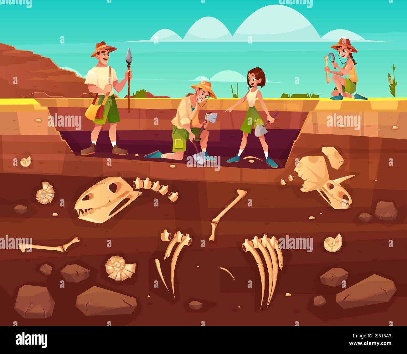 Archaeologists, paleontology scientists working on excavations, digging