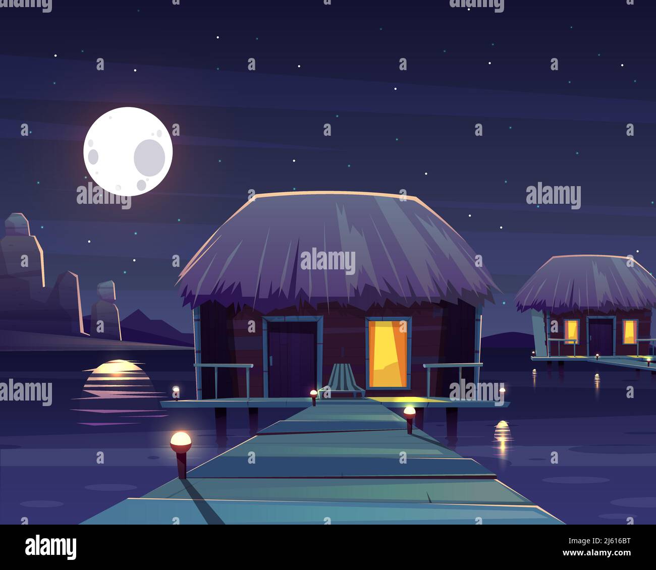 Vector cartoon background with rich hotel on piles at night. Living ...
