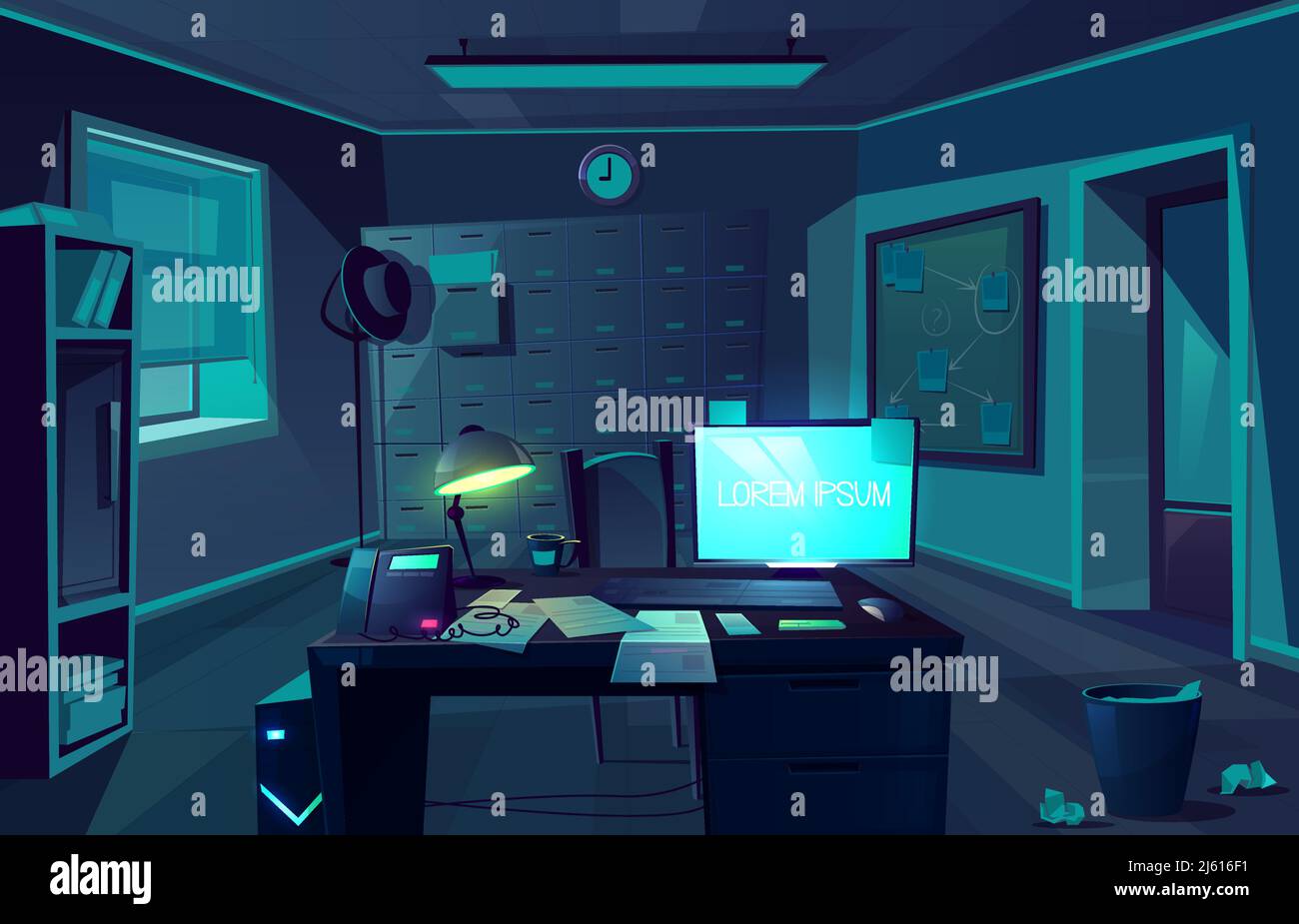 Vector cartoon background of overtime in police department or private detective. Night, dark room with desk, computer and chair for client. Interior o Stock Vector