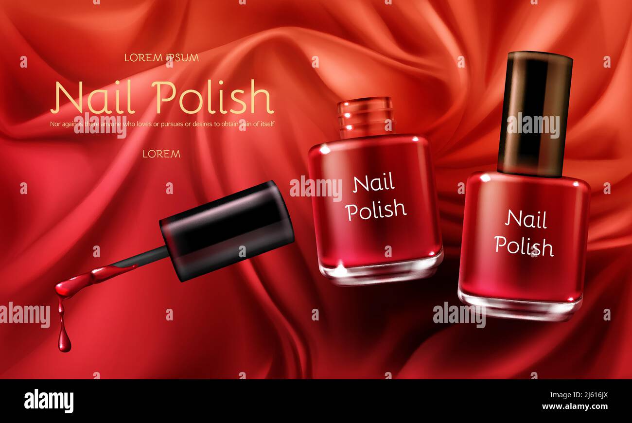 Red nail polish 3d realistic vector cosmetic ads banner with glass bottle  on red or scarlet satin soft silk fabric with folds illustration Womens  cosm Stock Vector Image & Art - Alamy