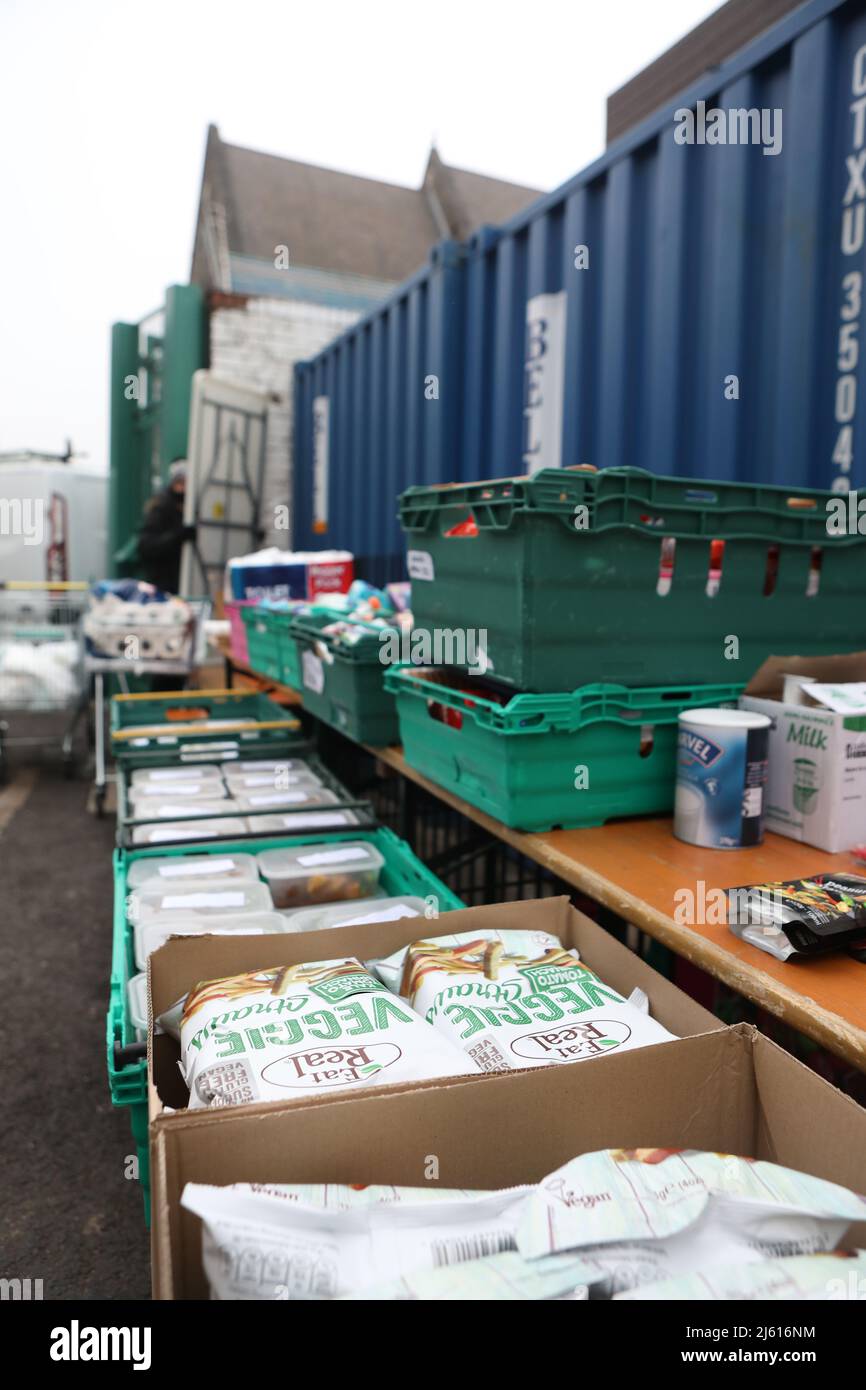 File photo dated 03/03/21 of food laid out in crates at a food bank in north London, as food bank managers are warning of an accelerating crisis across the UK as the cost of living continues to soar. Stock Photo